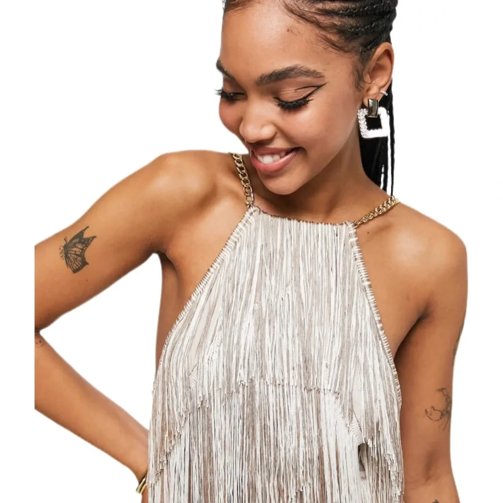 ASOS DESIGN Layered Fringe Tassel Mini Dress Chain Strap Showgirl Vibes Size 12 - Picture 9 of 15